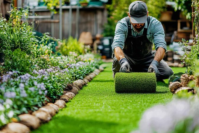 Artificial turf being installed in a backyard
